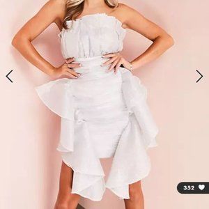ASOS LUXE glitter bandeau frill mini dress in white UK 14 // US 10 FLAW